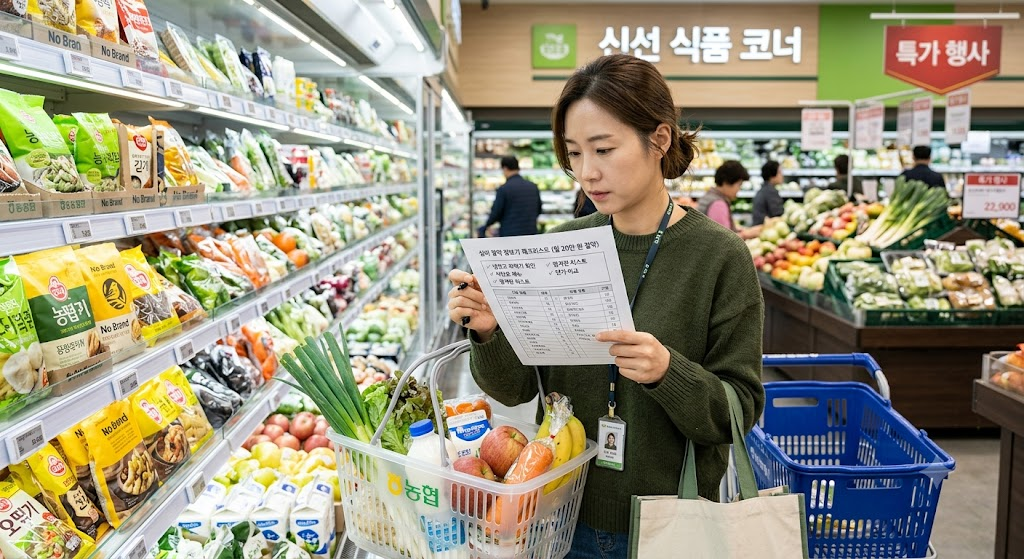 실비 절약을 위해 마트에서 장보기 체크리스트를 확인하는 모습