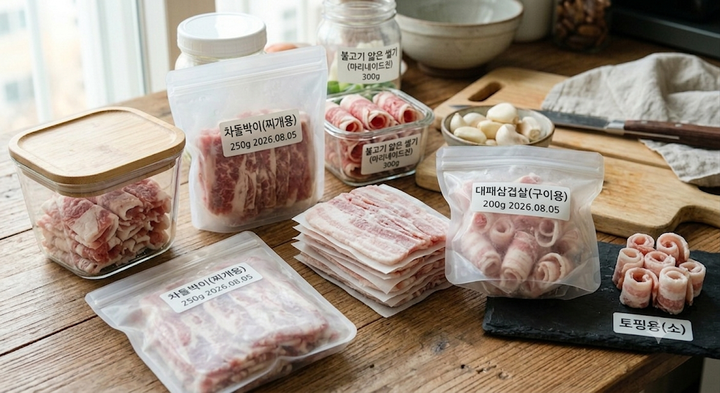 소분하여 보관하기 좋은 냉동실 식재료 BEST 10 7 소분하여 보관한 냉동실 식재료 얇은 육류 이미지
